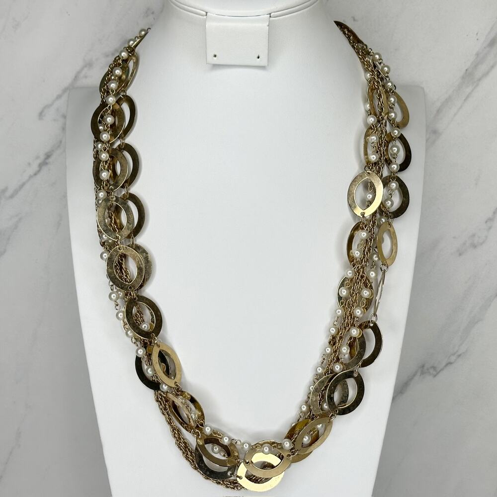 Chunky Multi Strand Faux Pearl Open Oval Link Gold Tone Statement Necklace ✨